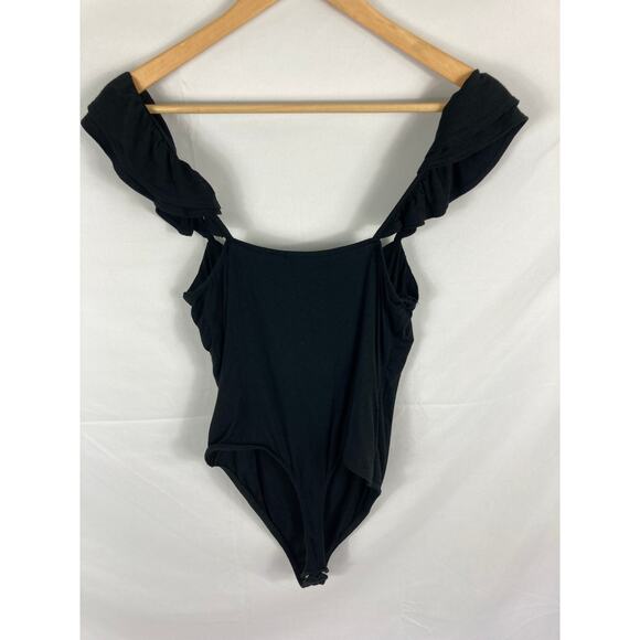Lulus Black Ruffle Sleeve Ribbed Bodysuit Size Large - Picture 4 of 4